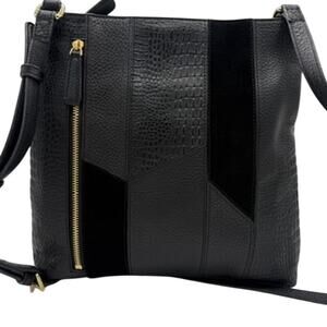 Vera Bradley Black Leather Crossbody Bag Patchwork Pebbled Suede Floral Lining